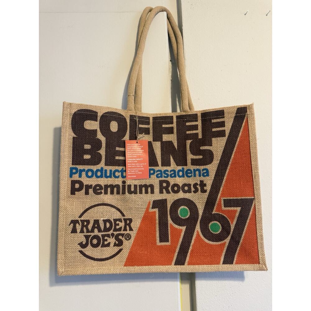 Trader Joe's Tote Jute Bag Reusable 1967 Pasadena Coffee Beans 17x14x9 - Picture 3 of 8